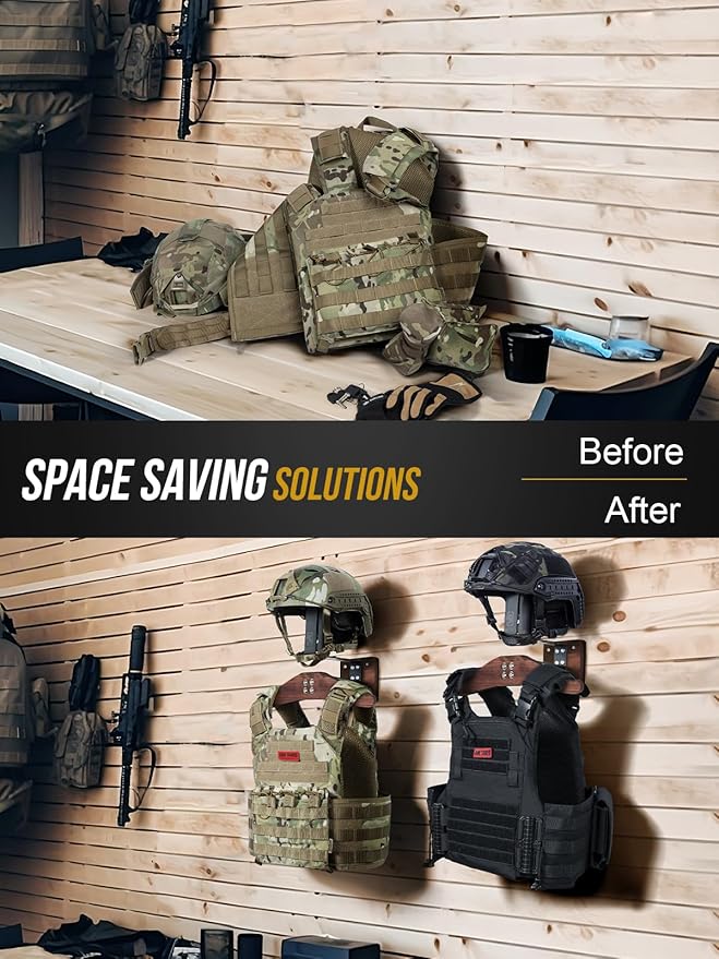 OneTigris Tactical Gear Wall Mount, Motorcycle Helmet Holder Wall Mount Stand, Plate Carrier Rack Jacket Hanger Display Organizer for Police Football Cycling Suit