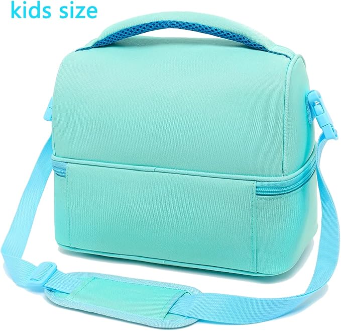 FlowFly Double Decker Cooler Insulated Lunch Bag Large Tote for Boys, Girls, Men, Women, With Adjustable Strap,Light Blue