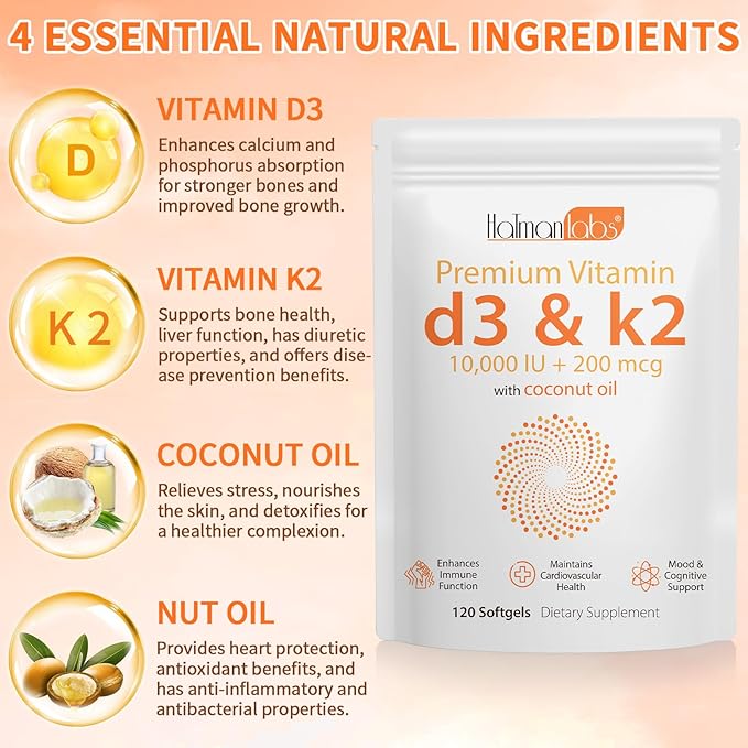 2 Bag Vitamin D3 K2 Supplement Softgel, Vitamin D3 K2 Softgel with 10000 IU Supports Immune, Heart, Teeth & Bone Health, Free of GMO, Gluten, Soy