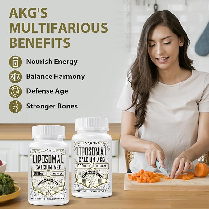 Liposomal Calcium AKG Supplement 1500 MG (Alpha-Ketoglutaric Acid), High Absorption, More Effective Than AAKG, Ca AKG for Longevity, Age Defense, Cellular Energy, Metabolic Function, 60 Softgels