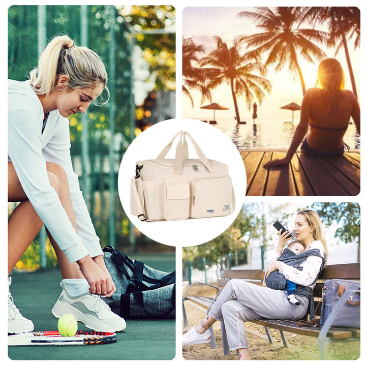 FIORETTO Women's Water-Resistant Gym Duffle Bag with Shoes Compartment, 37L Capacity, Multi-Functional, Ideal for Travel, Gym, Sports, Weekender, with Toiletry Bag, Beige