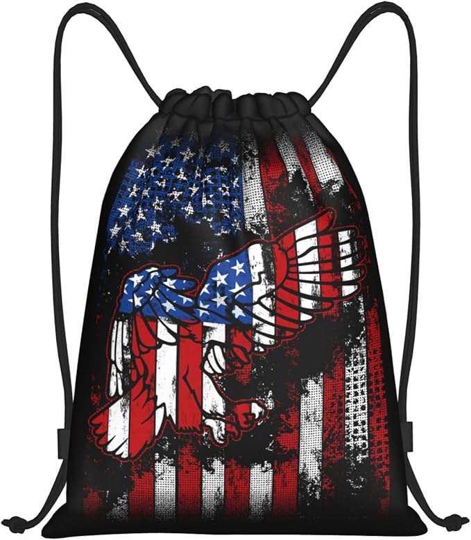 Eagle Outline Drawstring Backpack American Flag Gym Bag Patriotic Gift for Independence Day, Memorial Day, 4th of July Party Favor Goodies Storage