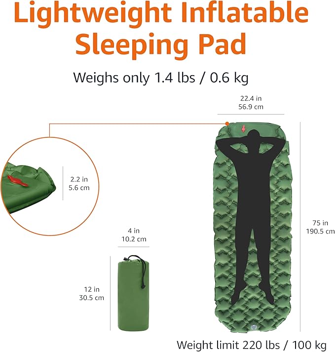 Amazon Basics Camping Sleeping Pad with Quick-Inflate Foot Pump, Water Resistant, Ultralight, Olive Green