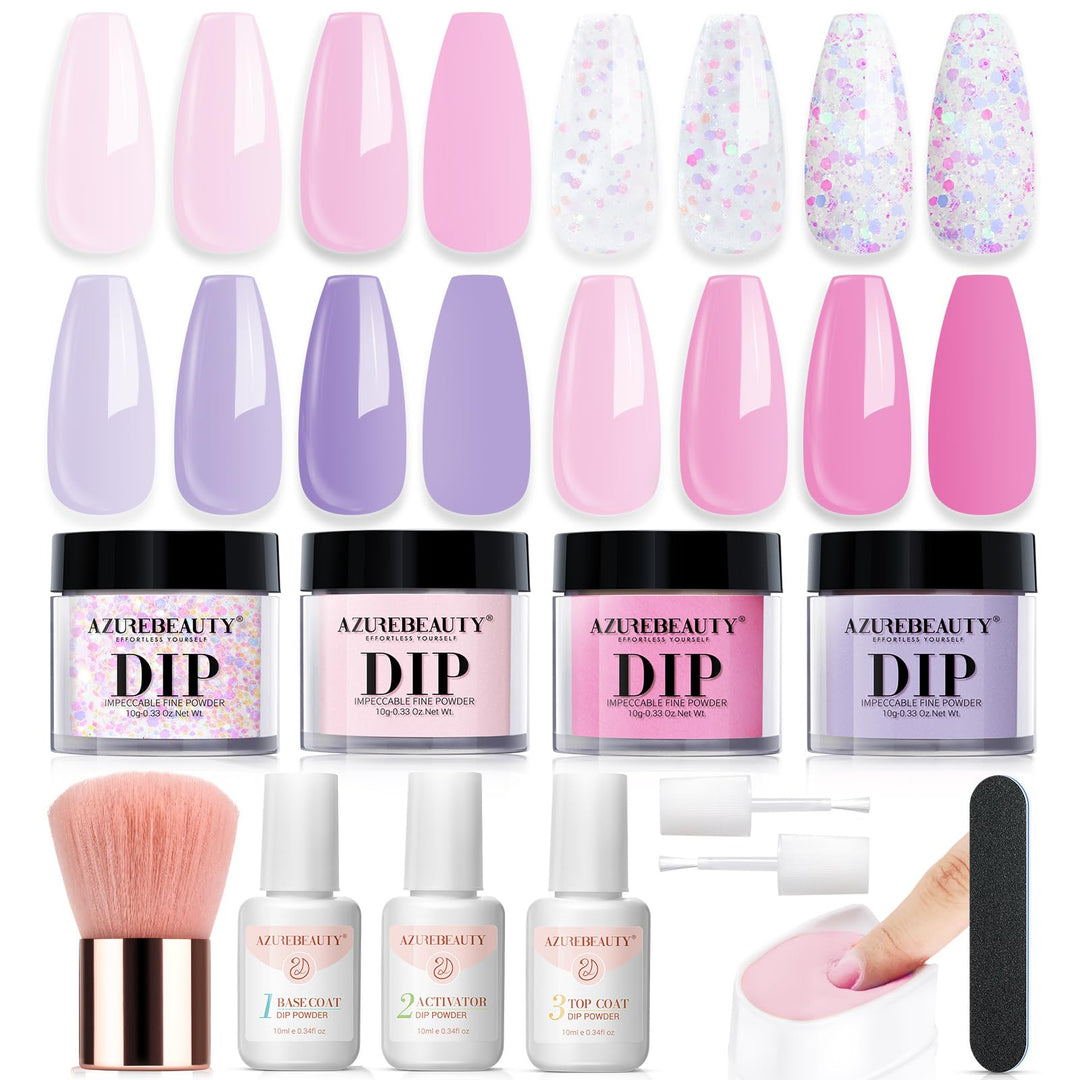 Azurebeauty Dip Powder Nail Kit Starter, Pastel Lavender Pink Glitter, 4 Colors Spring Summer Dipping Powder Set, French Nail Ar