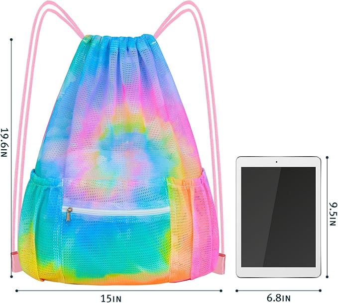 Mesh Drawstring Backpack, Large Sports Gym Bag for Women Kids with Pocket and Zipper Sackpack for Beach Yoga Football Soccer (Tie Dye Yellow)