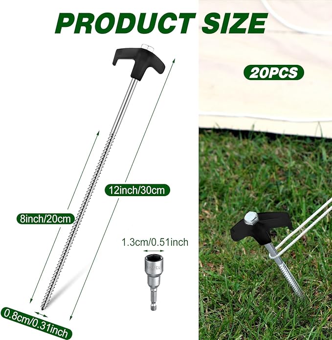 Hicarer 12 Inch Tent Stakes Screw in Camping Stakes Heavy Duty Metal Stake Ground Anchor Peg Threaded Tent Spikes with Hex Head Driver for Camping Garden Inflatable