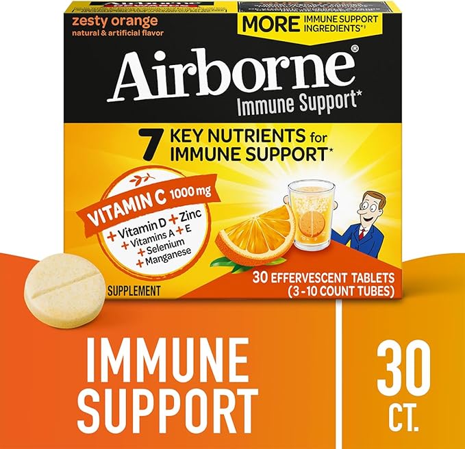 Airborne 1000mg Vitamin C + Zinc Sugar Free Multivitamin Immune Support Effervescent Fizzy Drink Tablets, Zesty Orange Flavor with Powerful Antioxidants Vitamins A C & E, 30 Tablets (2 Pack)