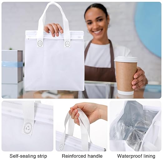 50 Pcs Insulated Take Away Bags Bulk Thermal Insulation Food for Coffee Milk Tea Hot Cold Food Fresh Seafood Cooler Pizza Delivery Bags for Catering Restaurant Grocery (White)