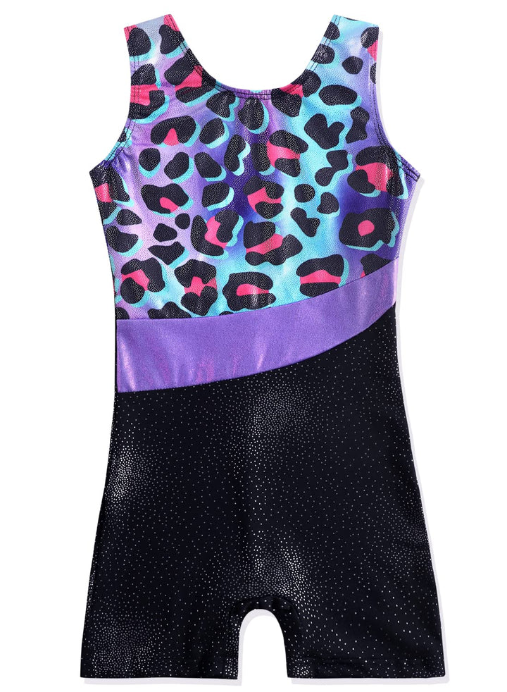 DAXIANG Leotards for Girls Gymnastics with Shorts Leopard Dance Unitards Biketards Pink Purple