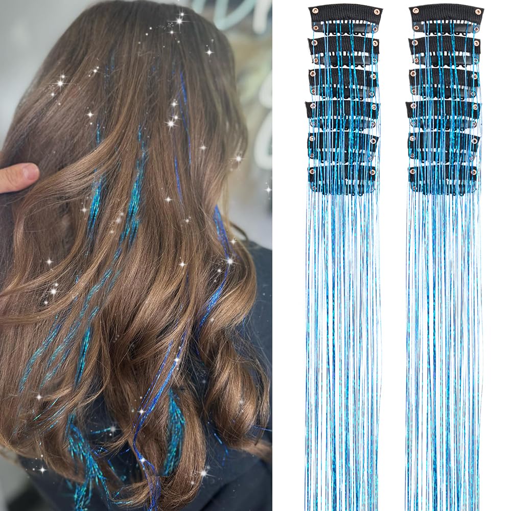 Sky Blue Fairy Hair Tinsel Kit Pack of 12 Pcs Clip in Hair Tinsel Kit 20 Inch Glitter Sky Blue Tinsel Hair Extensions Festival Gift Tinsel Fairy Hair Extension Party Dazzle Hair (12Pcs,Sky Blue#)