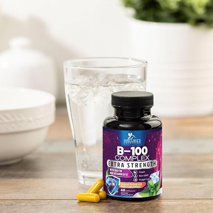 Vitamin B Complex Capsules with Vitamins B6 B12 B100 C Biotin Folate & Folic Acid - Supplement for Heart, Brain, & Nerve Support - Super Complete B-Complex for Immune & Energy Support - 60 Capsules