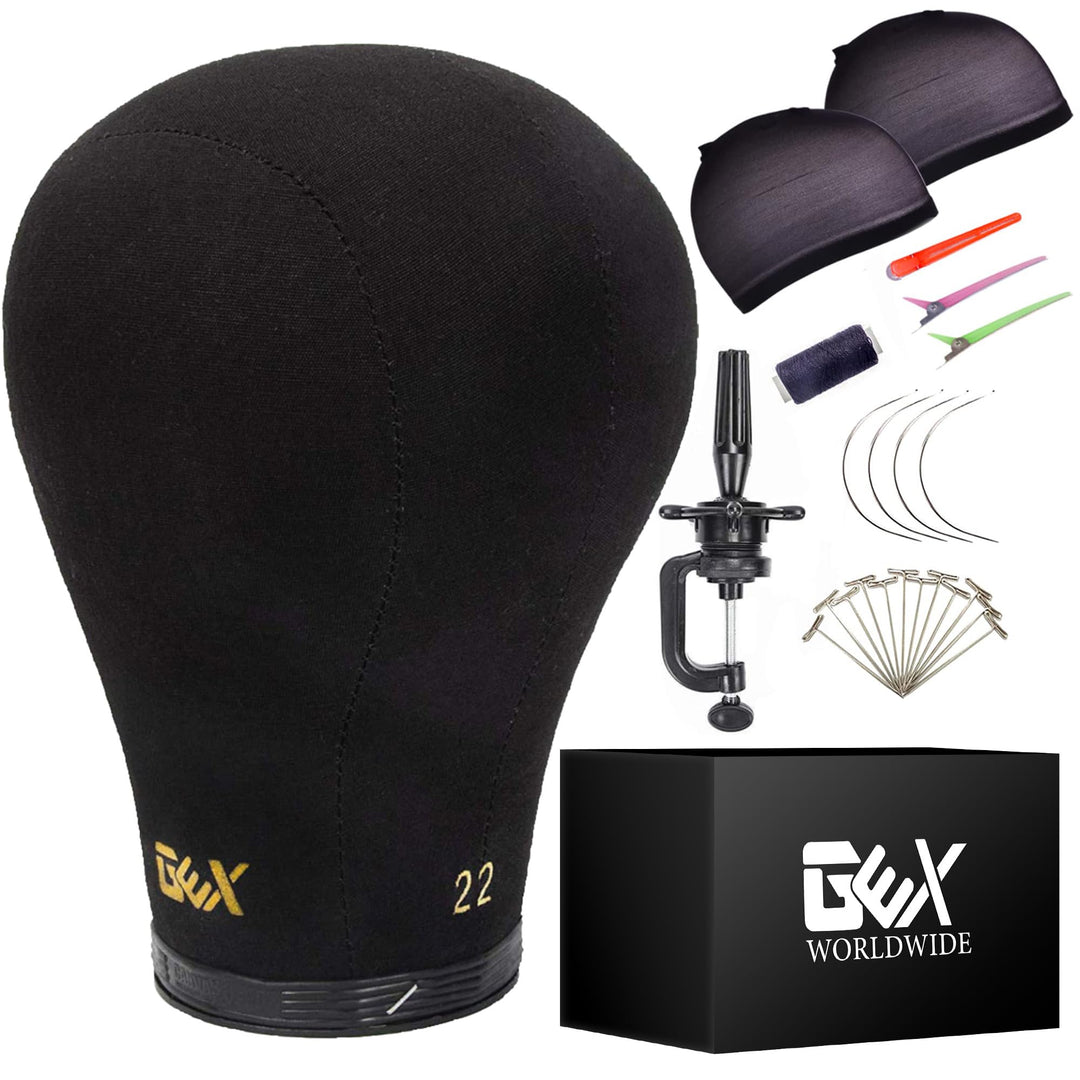 GEX 20"-24" Canvas Cork Wig Block Mannequin Head for Wig Making Drying Styling Display with Table C Clamp Stand Holder (Black 23")