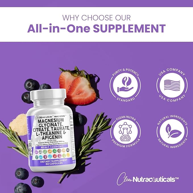 Magnesium Glycinate Complex 1000mg with L-Theanine 200mg Apigenin 50mg Citrate Taurate Supplement - 5-HTP GABA Passion Flower Lemon Balm L-Glycine Phosphatidylserine Ashwagandha - 2Pack