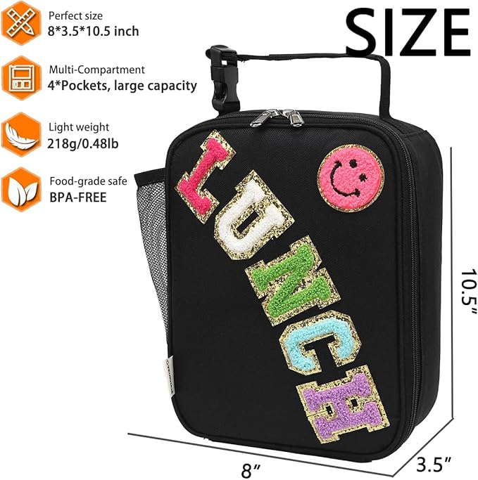 Insulated Lunch Bag for Women Girl Teen large Insulated Kid Lunch Bag,Large Reusable Cute Cooler Bag for School Work Picnic,Black Alphabet