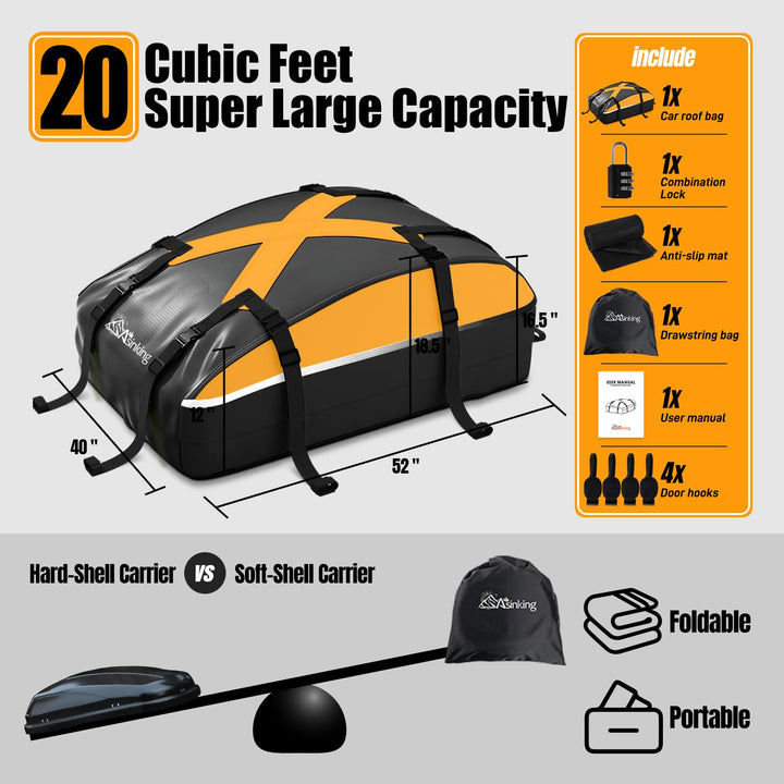 Car Rooftop Cargo Carrier Bag 20 Cubic Feet, 100% Waterproof Roof Bag Top Luggage Carrier for Any Vehicles with/Without Rack Cross Bar, Includes Anti-Slip Mat +4 Door Hooks +Storage Bag +Lock