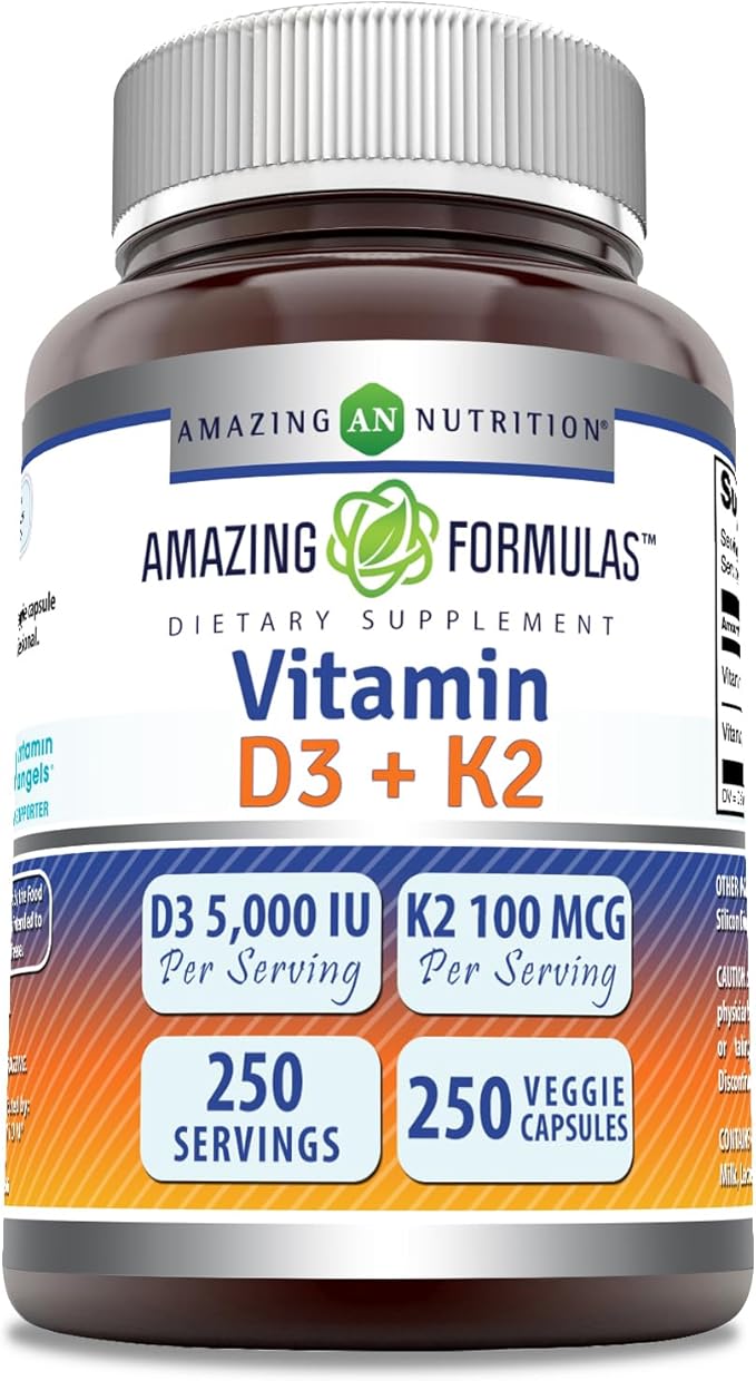 Amazing Formulas Vitamin D3 5000 IU with Vitamin K2 100 Mcg| 250 Veggie Capsules | D3 + K2 Complex | Non-GMO | Gluten Free | Made in USA