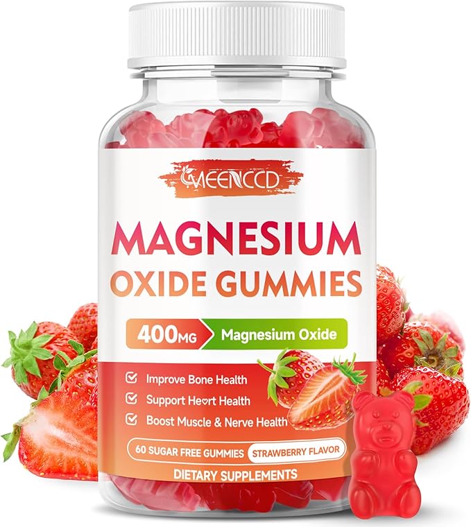Magnesium Oxide Gummies 400mg, Chewable Magnesium Oxide Supplement for Adults & Kids, Nerve & Muscle Support, Non-GMO, Sugar-Free, Strawberry Flavor, 60 Count