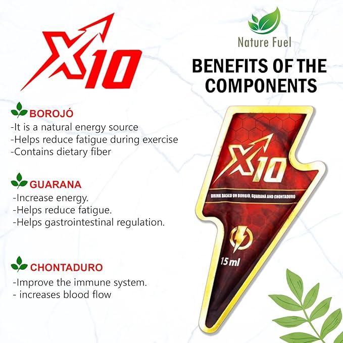X10 Natural Supplement - Chontaduro, Guarana, and Borojó Blend | 15ml Sachets (7-Pack) | Plant-Based Energy Support.