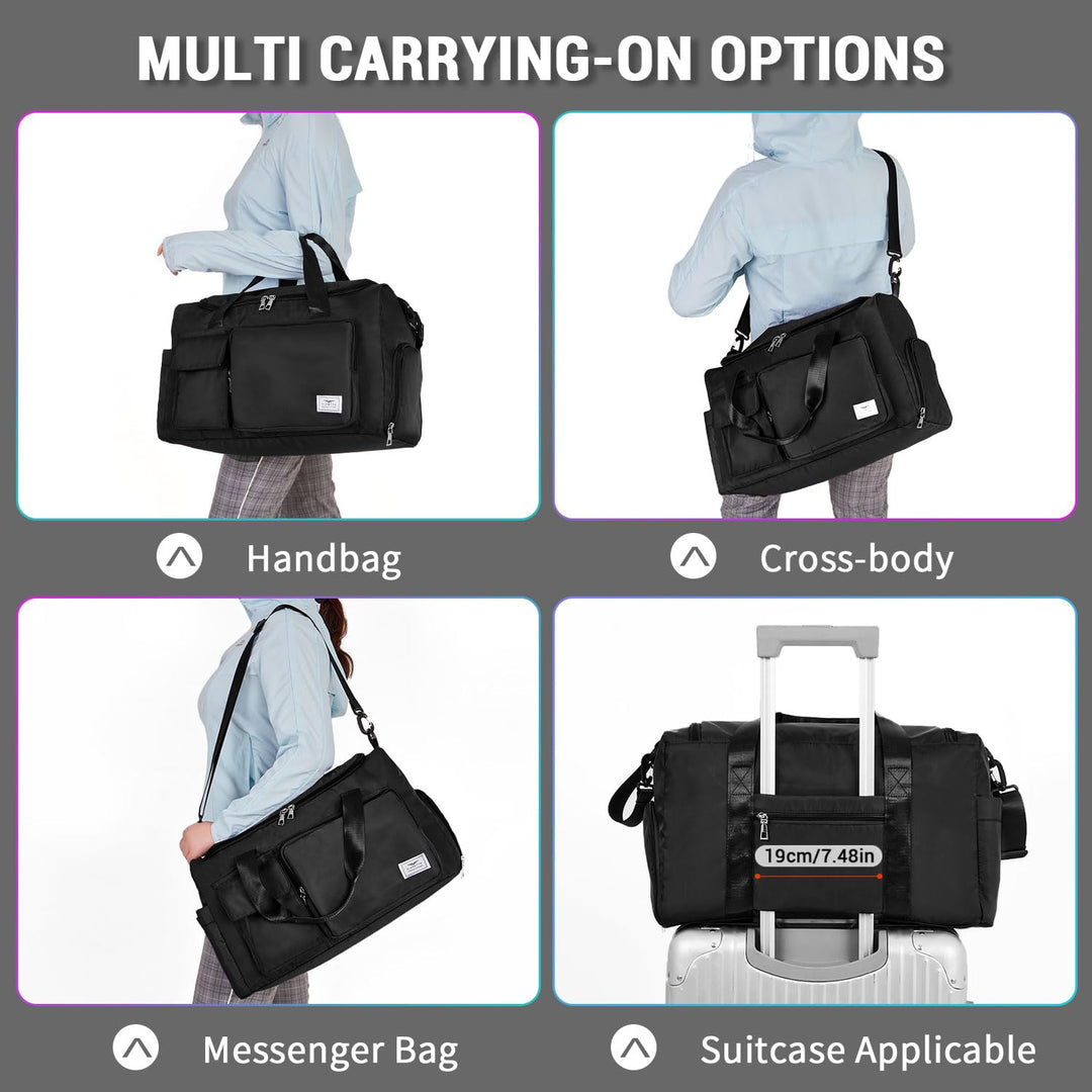 FIORETTO Women's Water-Resistant Gym Duffle Bag with Shoes Compartment, 37L Capacity, Multi-Functional, Ideal for Travel, Gym, Sports, Weekender, with Toiletry Bag, Black