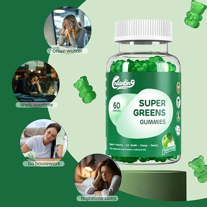Super Greens Gummies for Women - Daily Vitamins Supplement with 20+ Nutrients, Vitamins and Minerals, Immune Support, Digestive Health, Energy Boost, Natural Green Apple Flavor, 60 Gummies