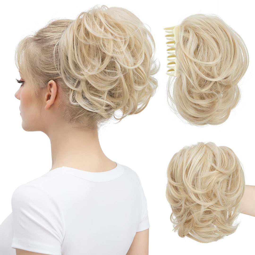 youngways Claw Clip Short Ponytail Messy Bun Hair Piece Bendable Hair Branch Extensions Fluffy Wavy Curly Synthetic Versatile Light Champagne Hairpieces