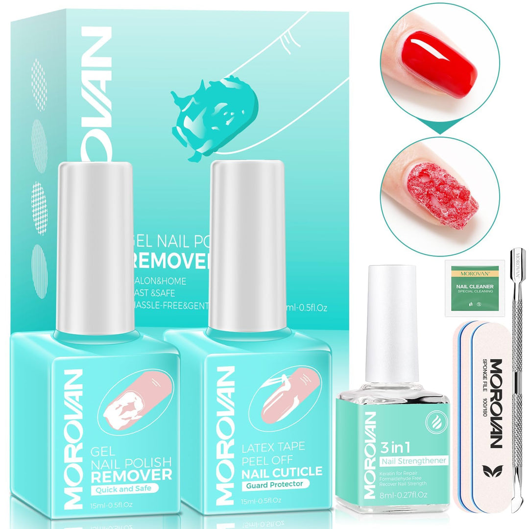 Morovan Gel Nail Polish Remover Kit: Gel Polish Remover for Nails with Liquid Latex Tape Peel off Nail Strengthener Cuticle Pusher Quick & Easy Gel Remover for Nails in 3-5 mins No Soaking Or Wrapping