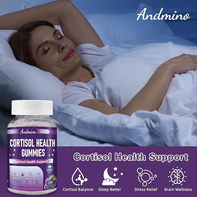 Cortisol Gummies for Women & Men, for Stress Relief & Sleep, Nighttime Cortisol Balance Support, with Trehalose, Non-GMO, Vegan, Gluten Free, Grape Flavor, 60