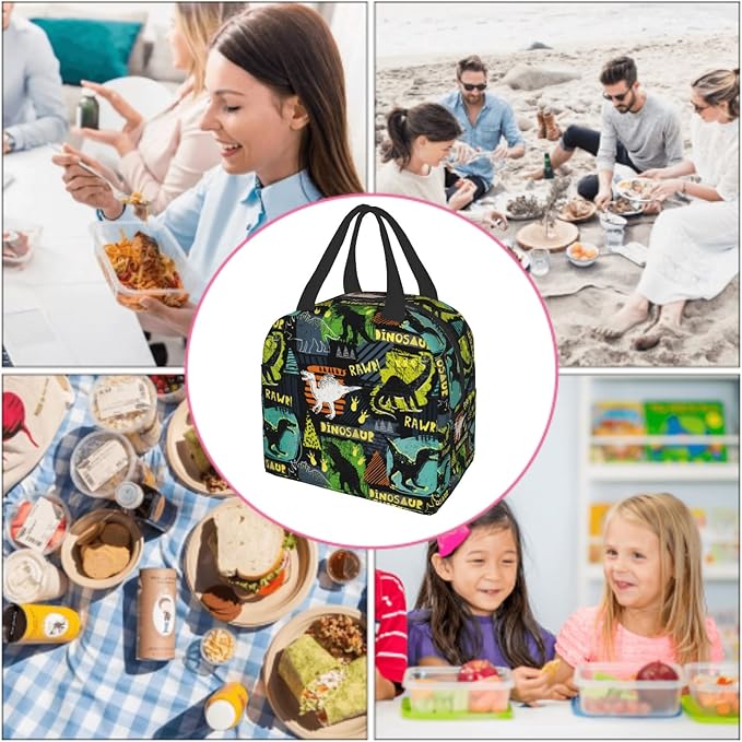 Dinosaur Insulated Lunch Box Portable Thermal Cooler Box Cartoon Cute Dino Reusable Kids Lunch Tote Bag for School Office Work Picnic Travel