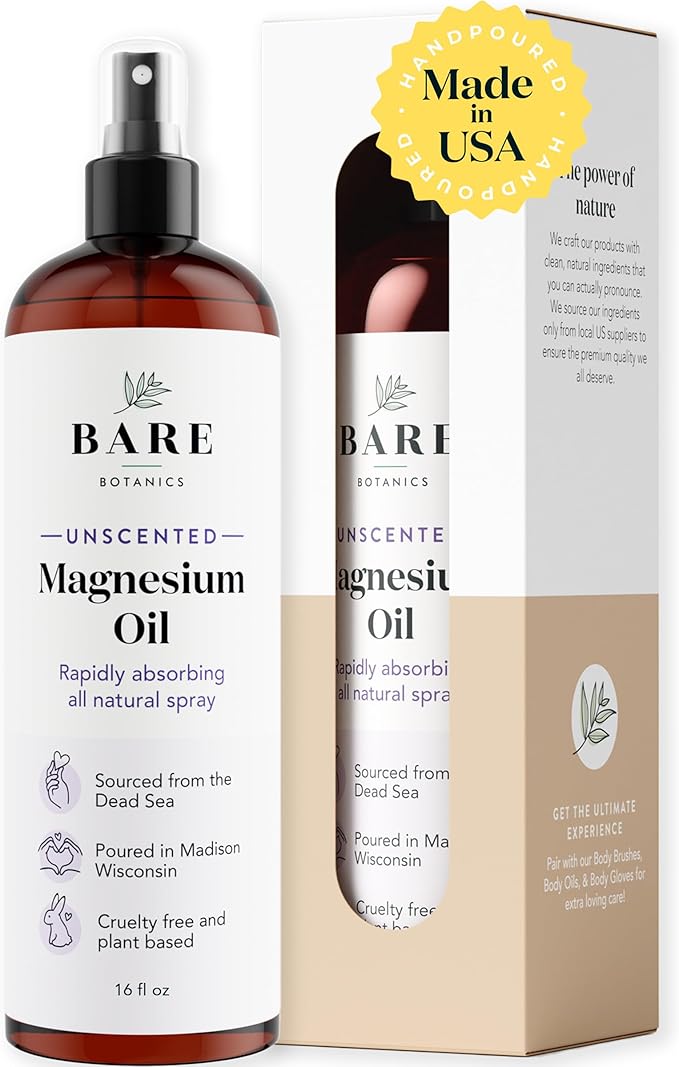 Bare Botanics Unscented 16oz Pure Magnesium Oil Spray from The Dead Sea | Rapidly Absorbing | Handpoured in Madison, WI | Supports Sleep & Soothes Sore Muscles