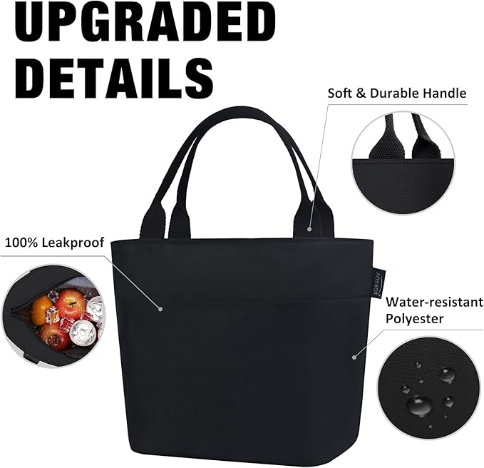 Aosbos Lunch Bag Lunch Box for Women Lunch Tote Bag Insulated Lunch Cooler Bag Thermal LunchBox Adult Bolsa Termica Almuerzo Lonchera, Black