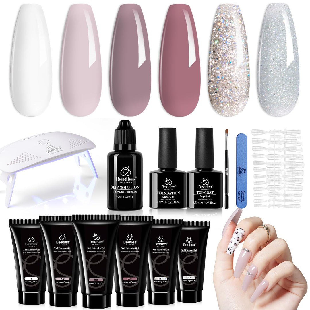Beetles Poly Nail Gel Kit, 6 Colors Soak Off Uv Lamp Extension Gel Nail Polish Set With Base Gel Glossy & Matte Top Coat For All