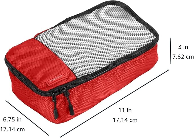 Amazon Basics Small Packing Cubes for Travel, Packing Organizers, 4-Piece-Set With Double Zipper Pulls and Mesh Top Panel, 100% Durable Polyester, Red, 11"L x 6.8"W x 3"H