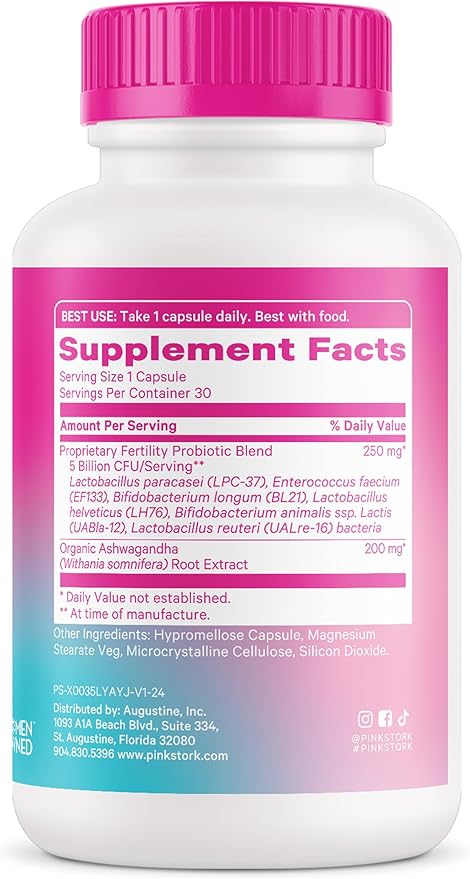 Pink Stork Fertility Support Probiotics for Women with Ashwagandha for Vaginal Health, Conception, pH Balance, Hormone Balance, and Gut Flora, Fertility Supplements for Women, 30 Capsules