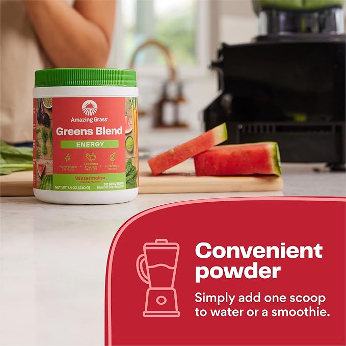 Amazing Grass Greens Blend Energy: Smoothie Mix, Super Greens Powder & Plant Based Caffeine with Matcha Green Tea & Beet Root Powder, Watermelon, 30 Servings (Packaging May Vary)
