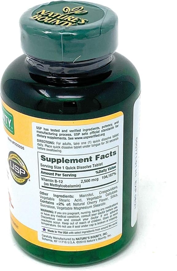 Nature's Bounty Quick Dissolve Fast Acting Vitamin B-12 2500 mcg, Natural Cherry Flavor (300 tablets)