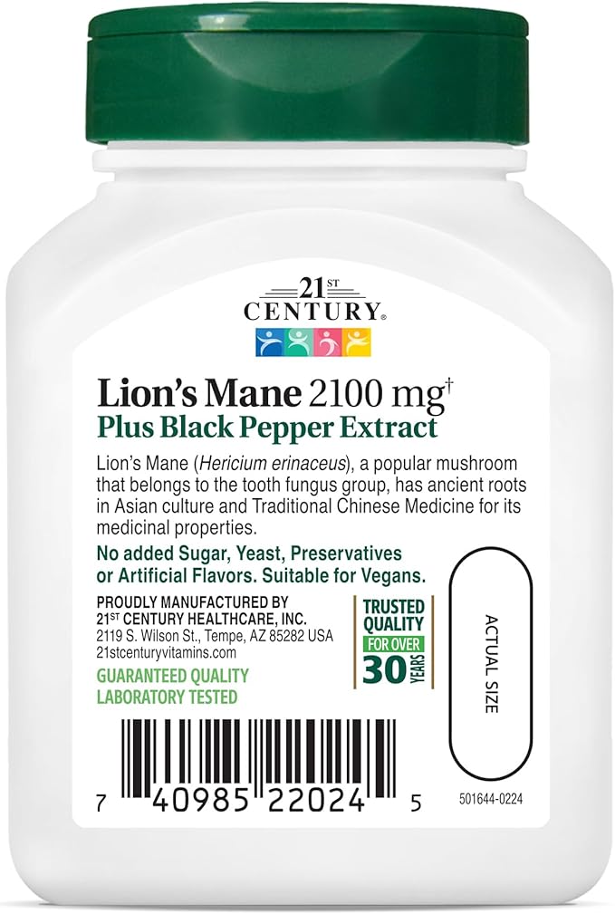 21st Century Lion's Mane 2,100 mg, Plus Black Pepper Extract, Vegetarian Capsules, 60 Count