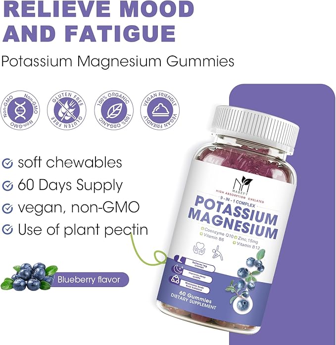 2 Pack Potassium Magnesium Gummies, Sugar-Free Potassium Gummies with Magnesium Glycinate 500mg Chewable Magnesium Potassium Supplements with Calcium, Zinc, Vitamin for Leg Cramps & Muscle