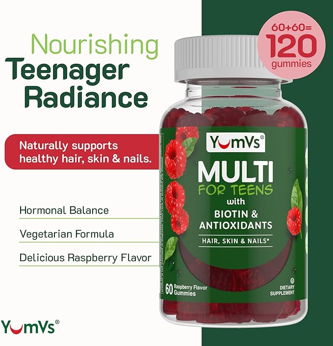 YUM-V'S Teen Multivitamin Gummies with Biotin and Antioxidants - Raspberry Flavor - Hair Skin Nails Support - Vegetarian Kosher Teen Vitamins for Boys and Girls 12-17 - 60 Count (Pack of 2)