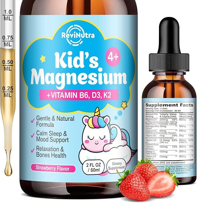 Kids Magnesium Glycinate Liquid Drops with L-Threonate, Omega-3, Ashwagandha, Vitamin B6, D3, K2, Calcium & Chamomile - Magnesium Drops for Kids Sleep, Calm, Focus, Brain & Mood - Strawberry Flavor
