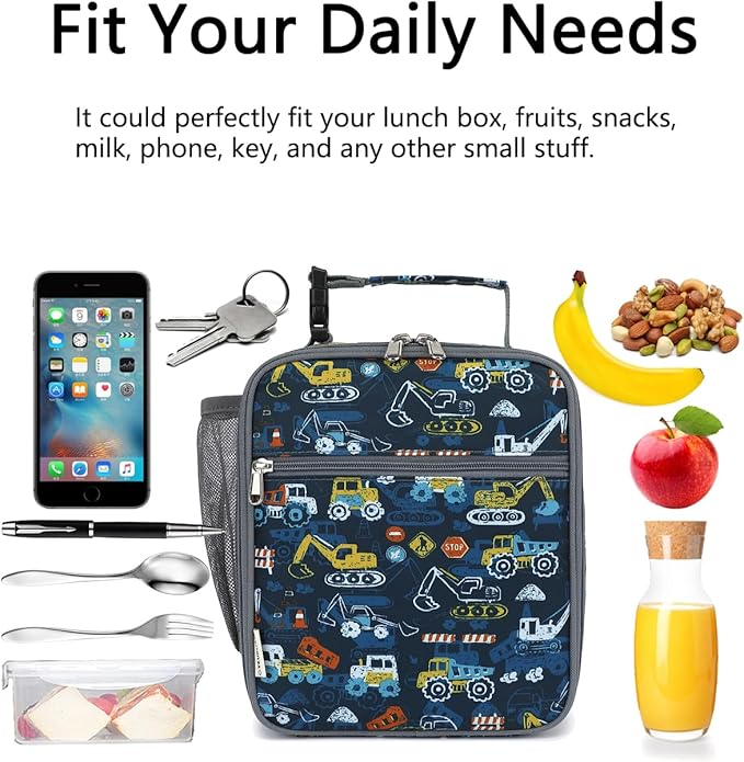 Lunch Box for Kids Boys Girls Men Women, Insulated Small Soft Cooler Lunch Bag Kit for School Work Picnic Travel - Reusable Portable lunchbox, Construction Truck