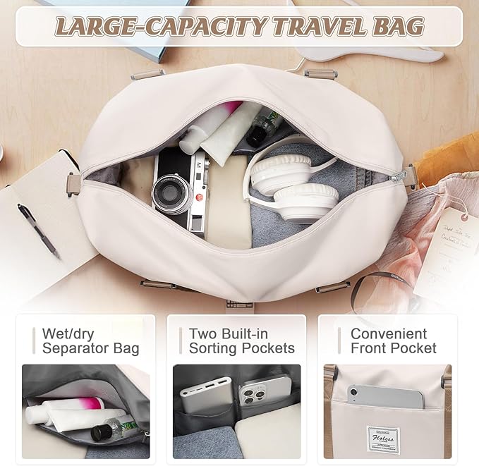 Sports Duffel Bags for Women Beige Weekender Travel Totes Bag for Airplane, Cute Sports Gym Dance Overnight Luggage Bag with Wet Pocket, Carry On Hospital Bag for Labor and Delivery
