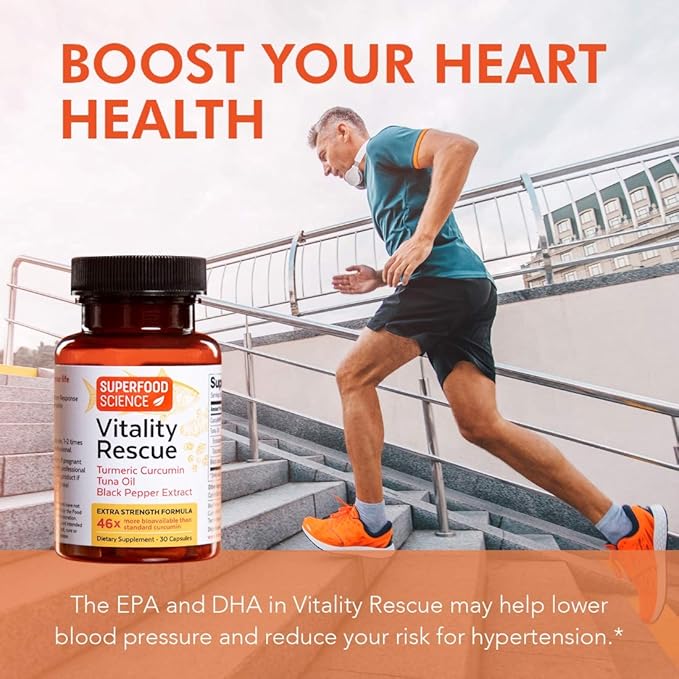 Vitality Rescue, Fish Oil DHA EPA Omega 3 and Turmeric Supplement w/Bioperine, CurcuWin 46X Superior Absorption Curcumin to Support Workout Recovery, Joint, Muscle, Cardio & Brain Health, 30 Capsules
