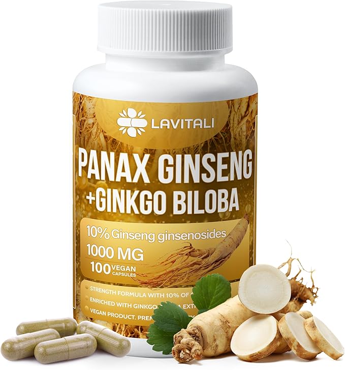 Ginseng & Ginkgo Biloba 100 Veggie Capsules, Energy Ginseng Root Extract Powder, with Ginkgo Biloba Extract, 100% Natural & Non-GMO, Vegan, Gluten Free, Dairy Free