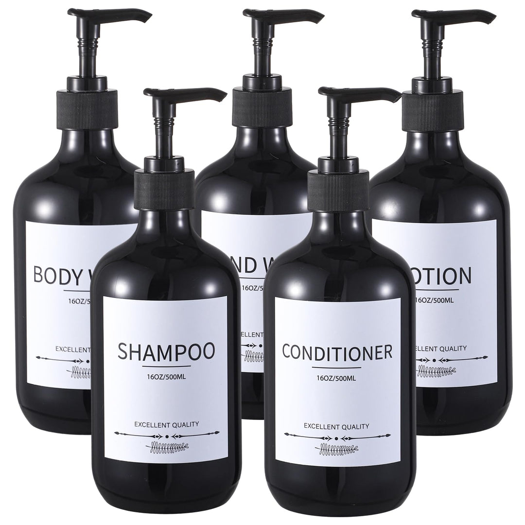 Stylish Shampoo Dispenser Bottles,(5Pack)16.9oz Reusable Shampoo and Conditioner Bottles,Black Shampoo Bottles Refillable with Pump,Shampoo and Conditioner Dispenser