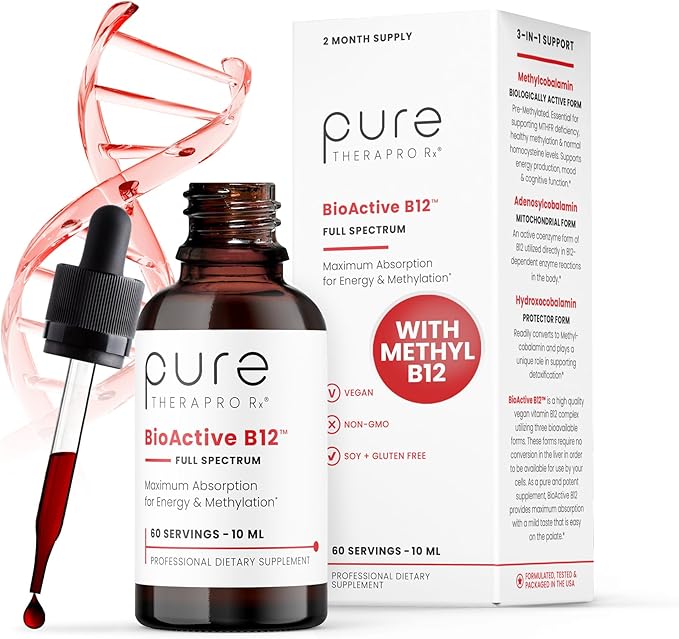 Pure TheraPro BioActive Vegan Methylated Vitamin B12 Sublingual Liquid Methylcobalamin, Hydroxocobalamin & Adenosylcobalamin 1,000 mcg per Drop (5 Drops = 5,000mcg / 2 Month Supply) 10 ml