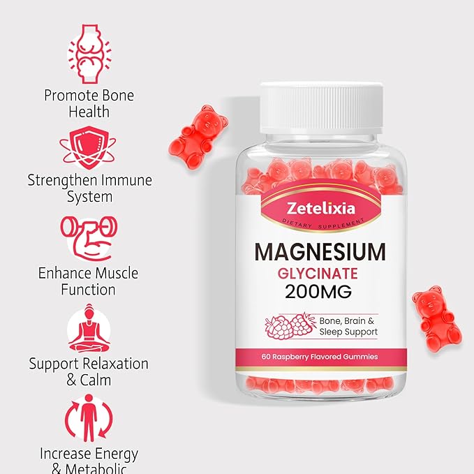 Magnesium Glycinate Gummies, High Absorption Magnesium Glycinate Supplements for Relaxation, Magnesium Chews for Adults and Kids, Raspberry Flavor 60 Count