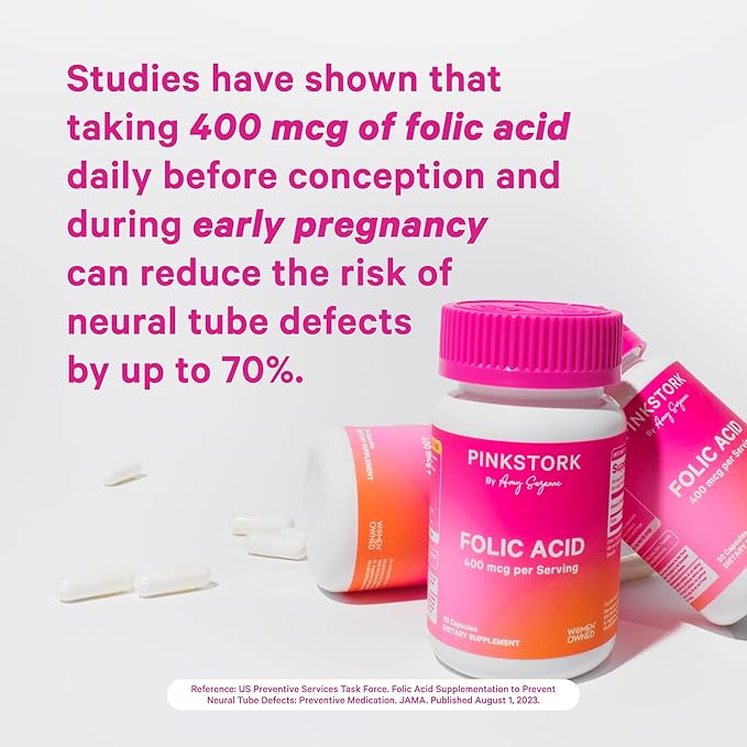 Pink Stork Folic Acid Supplement for Women - 400mcg, Prenatal Vitamins for Women, Supports Neural and Spine Health, Red Blood Cell Production, Mood, Energy During Pregnancy - 30 Capsules