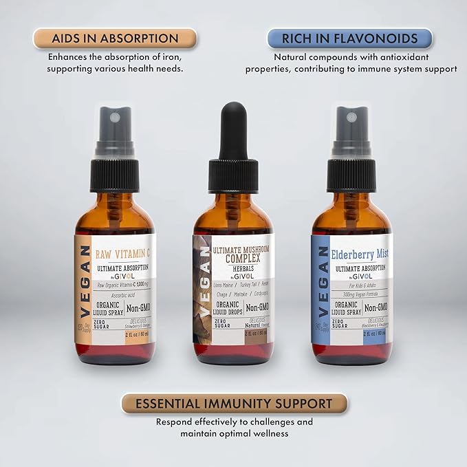 Antioxidant Powerhouse Bundle - Elderberry, Raw Vitamin C, Mushroom Complex - Nutriments, Phytonutrients & Cognitive Well-Being All in One Package - Multivitamins - 2 Fl Oz - 240 Days Supply