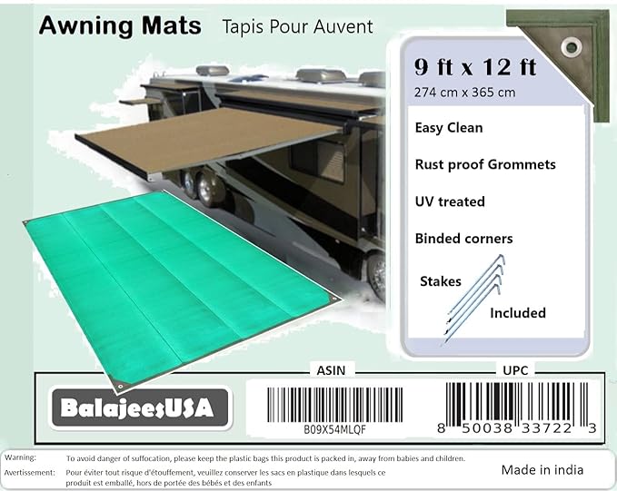 BalajeesUSA Outdoor Rug - 9x12 Green, Reversible Awning mats,Outdoor Patio Rugs Clearance, Waterproof Large RV Camper Rug 7223