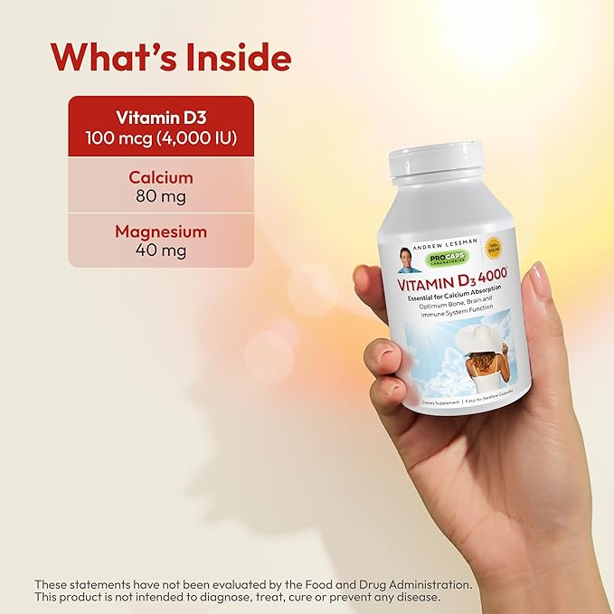 ANDREW LESSMAN Vitamin D3 4000 IU 720 Capsules - High Potency, Essential for Calcium Absorption, Supports Bone Health, Healthy Muscle Function, Immune System, More. Small Easy to Swallow Capsules